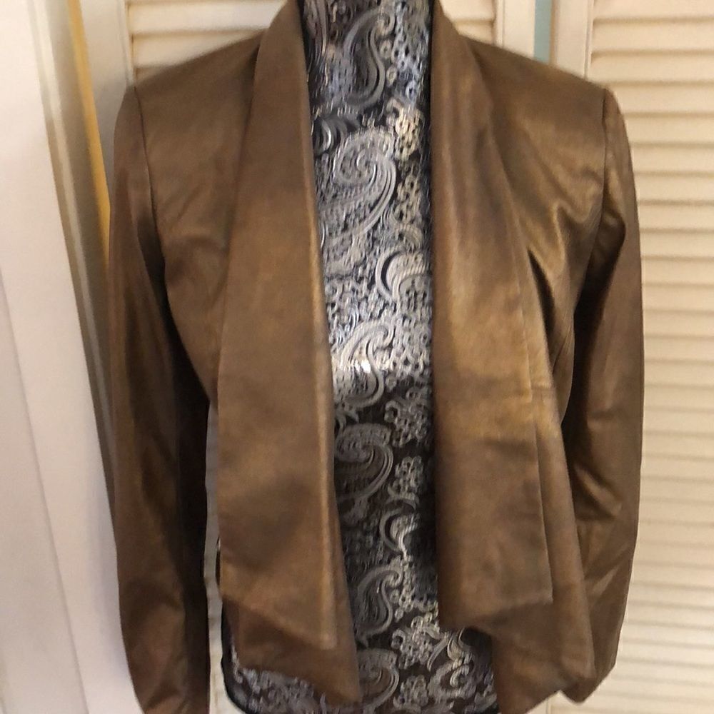 Cache Faux Leather Shrug Jacket in Shiny BronzeTan. Zip pockets!